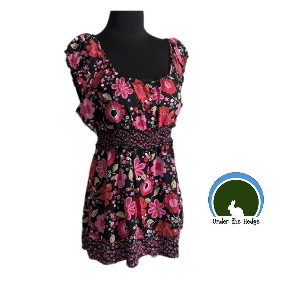 Black & Pink Floral Cap Sleeve Babydoll Top Size Large Y2K Soft Girl Fairy
